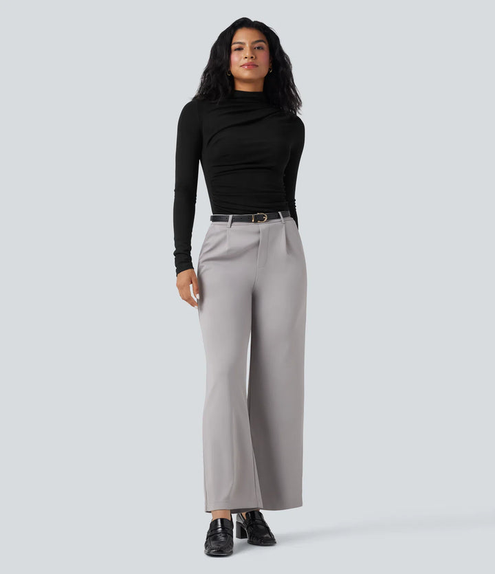 Mock-neck Long Sleeve Ruched Asymmetric Hem Thermal Casual Top