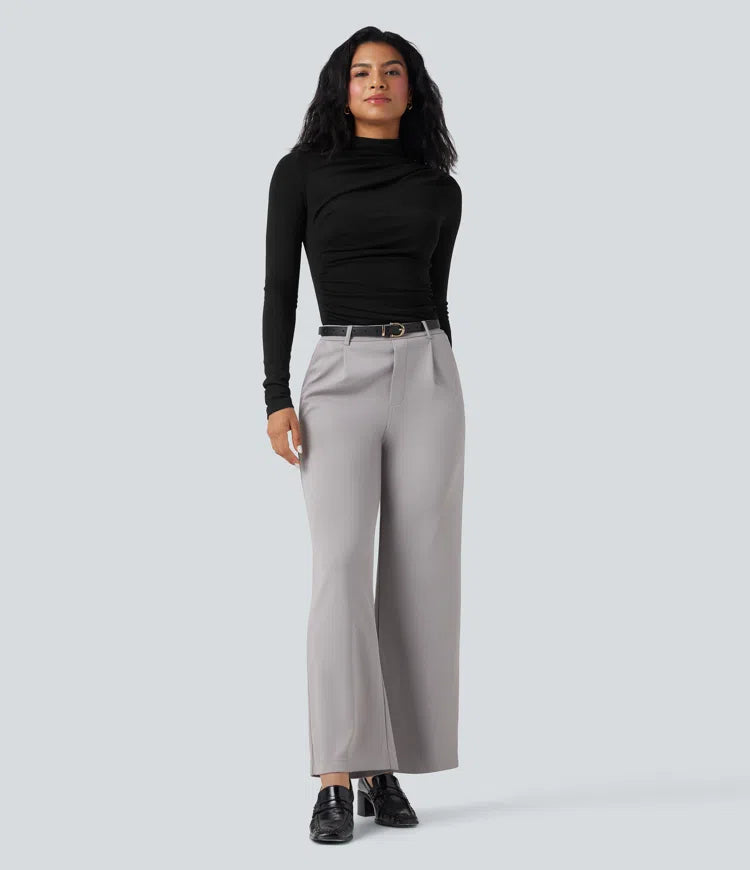 Mock-neck Long Sleeve Ruched Asymmetric Hem Thermal Casual Top