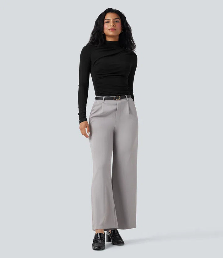 Mock-neck Long Sleeve Ruched Asymmetric Hem Thermal Casual Top
