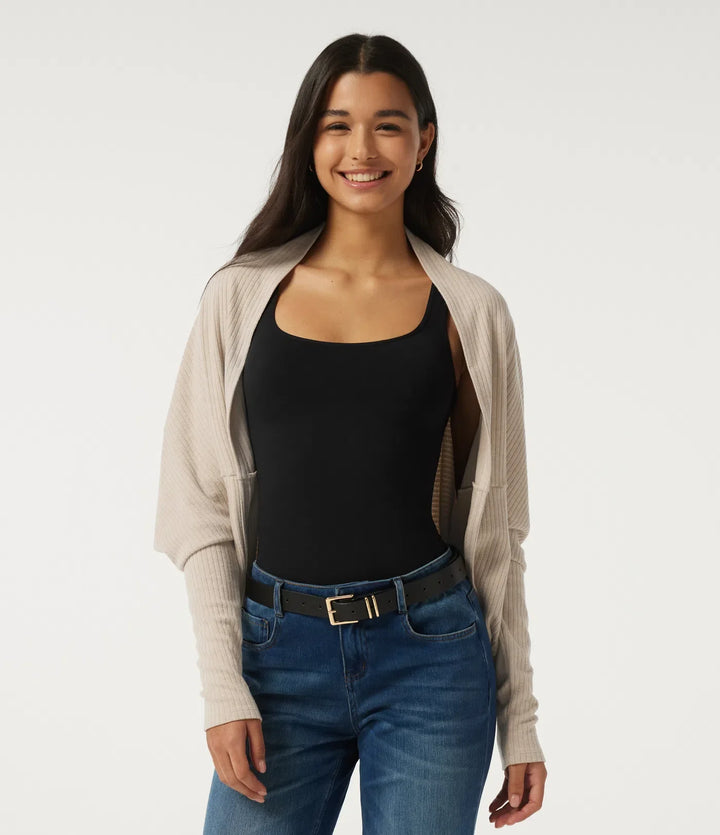 Ribbed Knit Batwing Long Sleeve Curved Hem Casual Cardigan