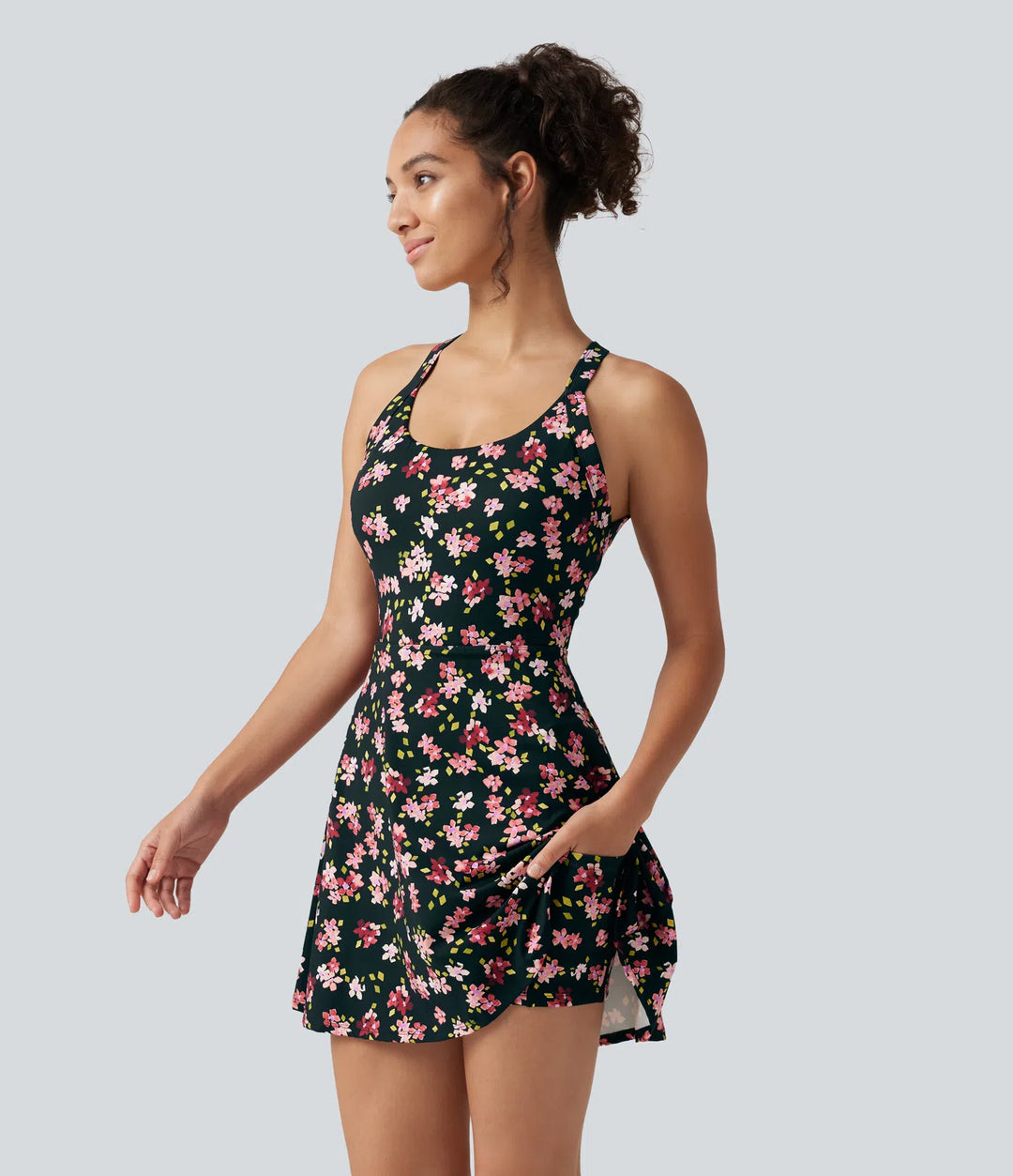 Built-in Bra 2-in-1 Ditsy Floral Mini Dance Active Dress with Pockets-Easy Peezy Edition