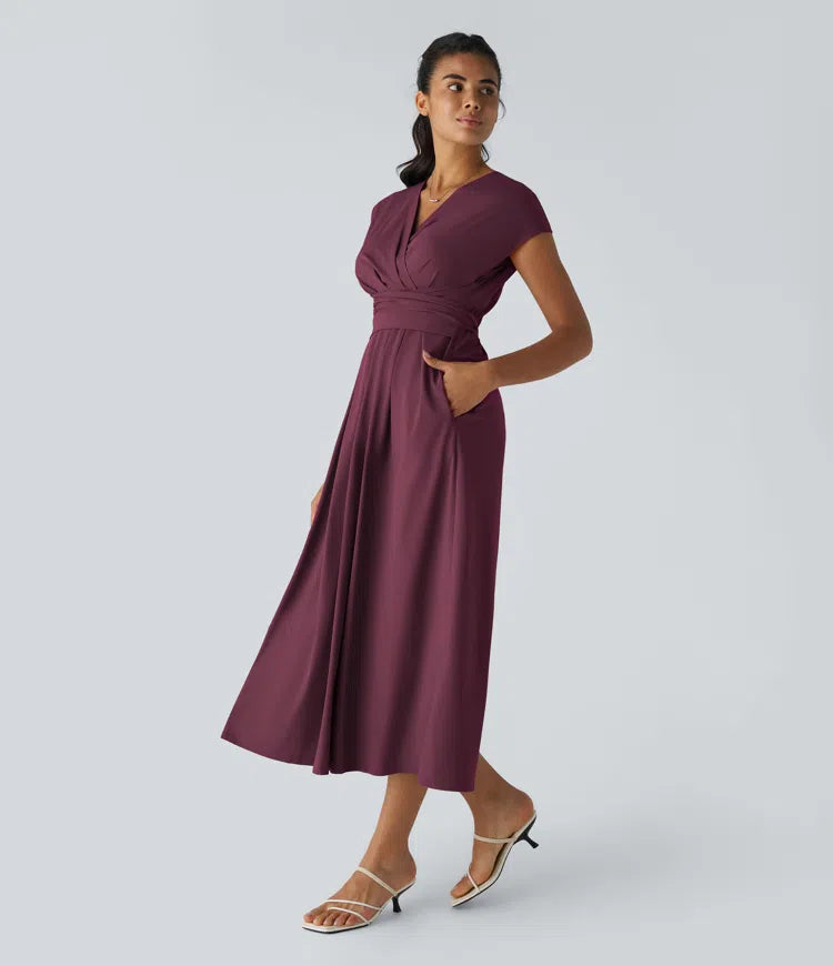 Breezeful V Neck Short Sleeve Pocket Tie Back Quick Dry Midi Casual Dress-Longer Length