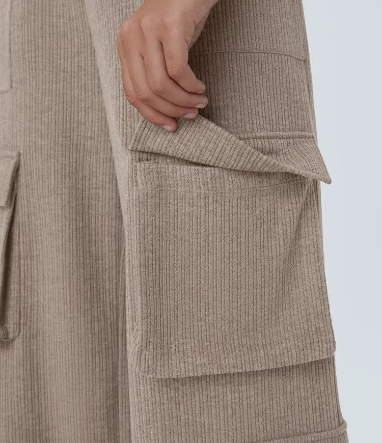 Ribbed Mid Rise Drawstring Pockets Wide Leg Cargo Casual Trousers