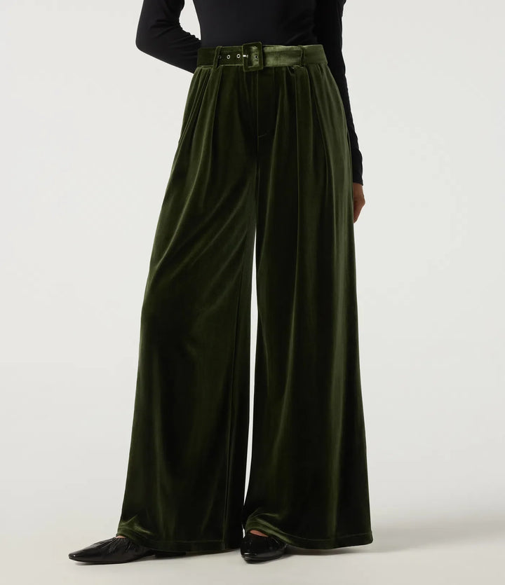 High Waisted Belted Wide Leg Velvet Casual Trousers with Pockets