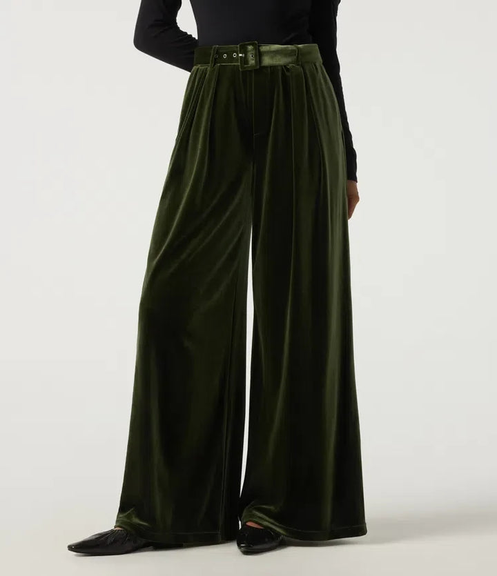 High Waisted Belted Wide Leg Velvet Casual Trousers with Pockets