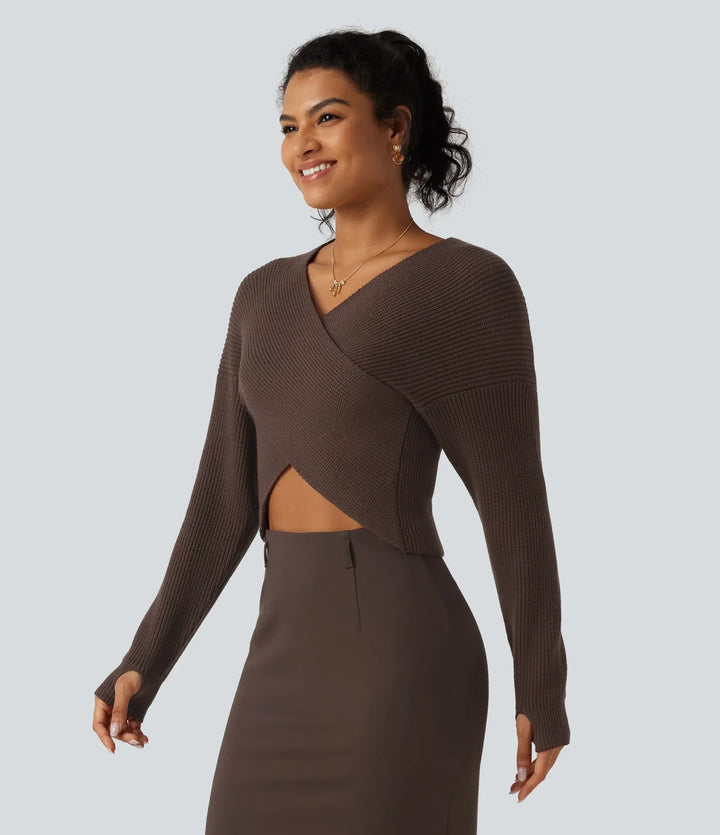 V Neck Crossover Batwing Long Sleeve Thumb Hole Casual Jumper