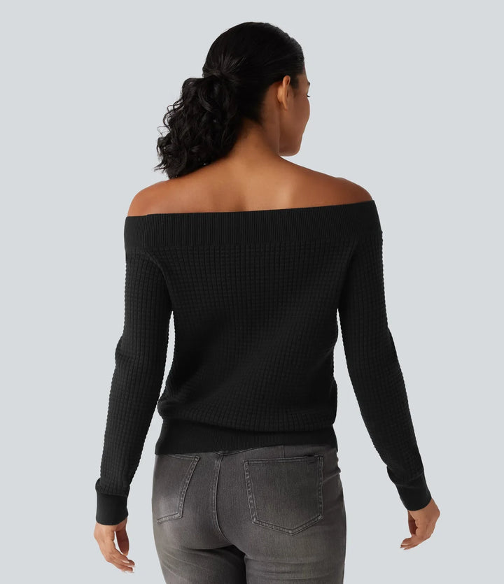 Off Shoulder Long Sleeve Casual Wool-Blend Jumper