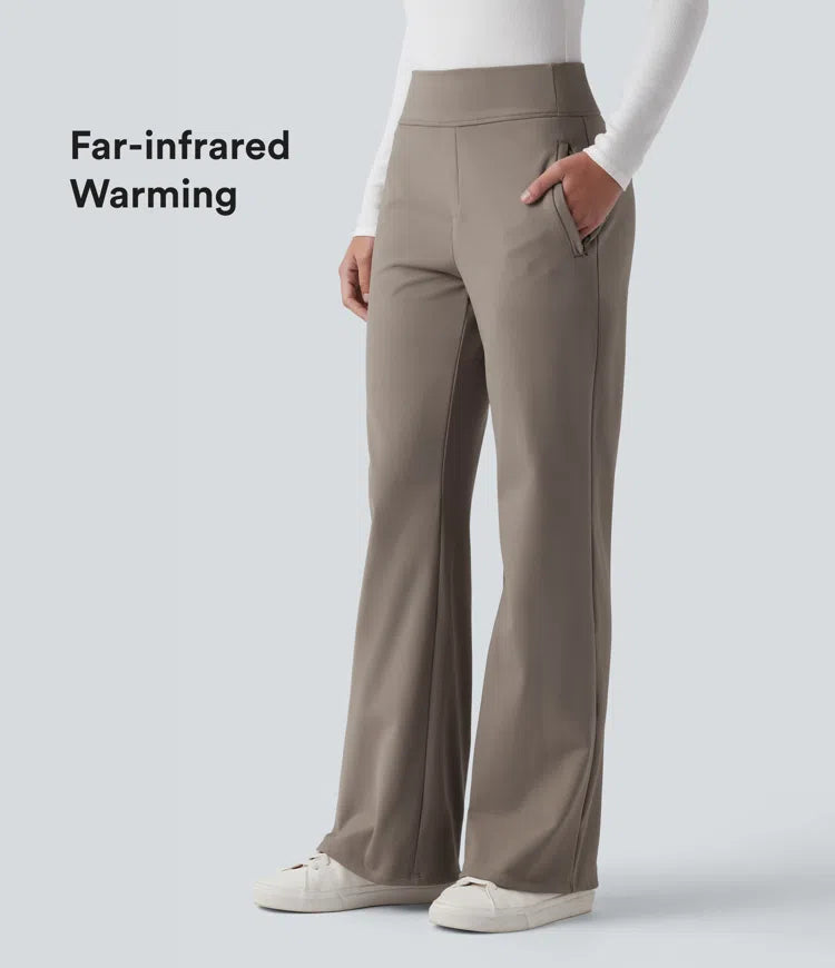 Mid Rise Fleece Work Flared Trousers with Zip Pockets