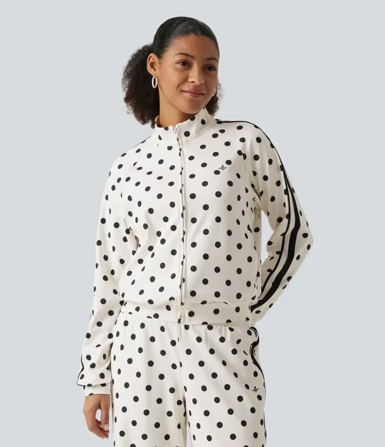 Stand Collar Polka Dot Side Stripe Casual Track Jacket with Pockets