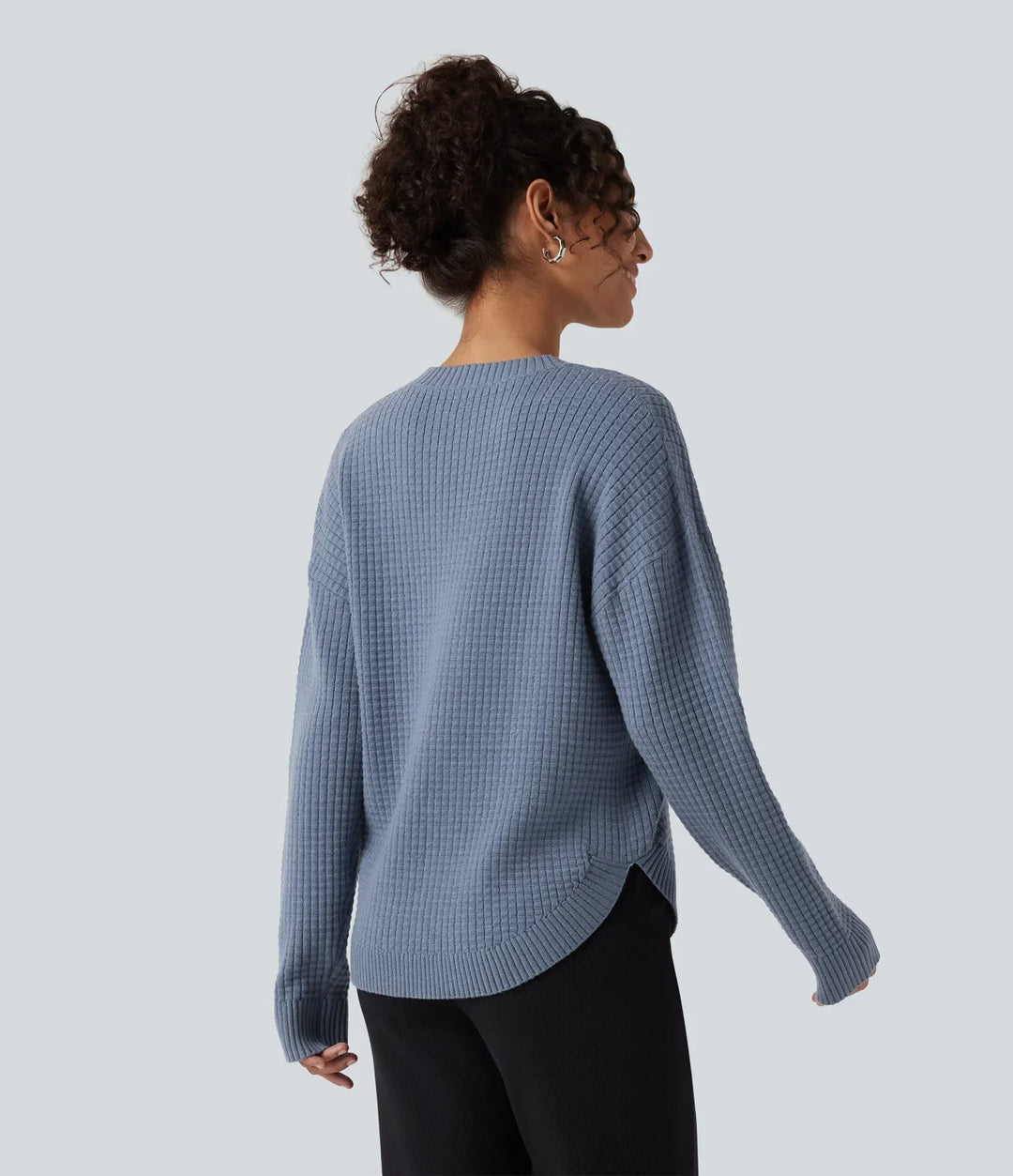 Round Neck Long Sleeve Curved Hem Work Jumper