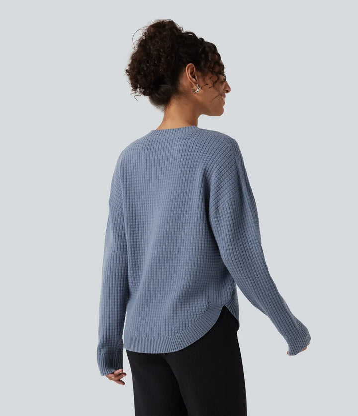 Round Neck Long Sleeve Curved Hem Work Jumper