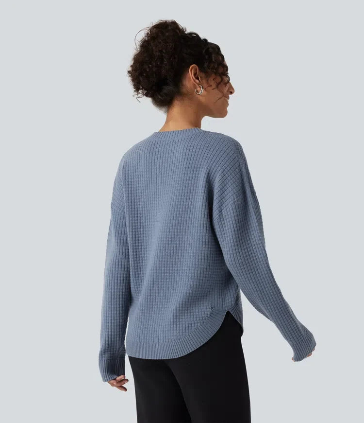 Round Neck Long Sleeve Curved Hem Work Jumper