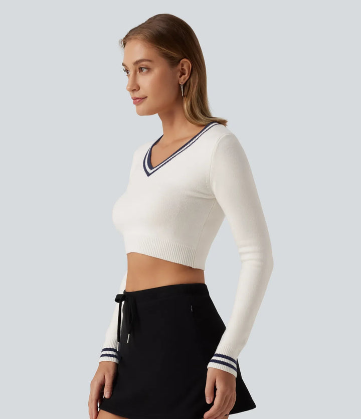 V Neck Slim Long Sleeve Patterned Casual Cropped Jumper