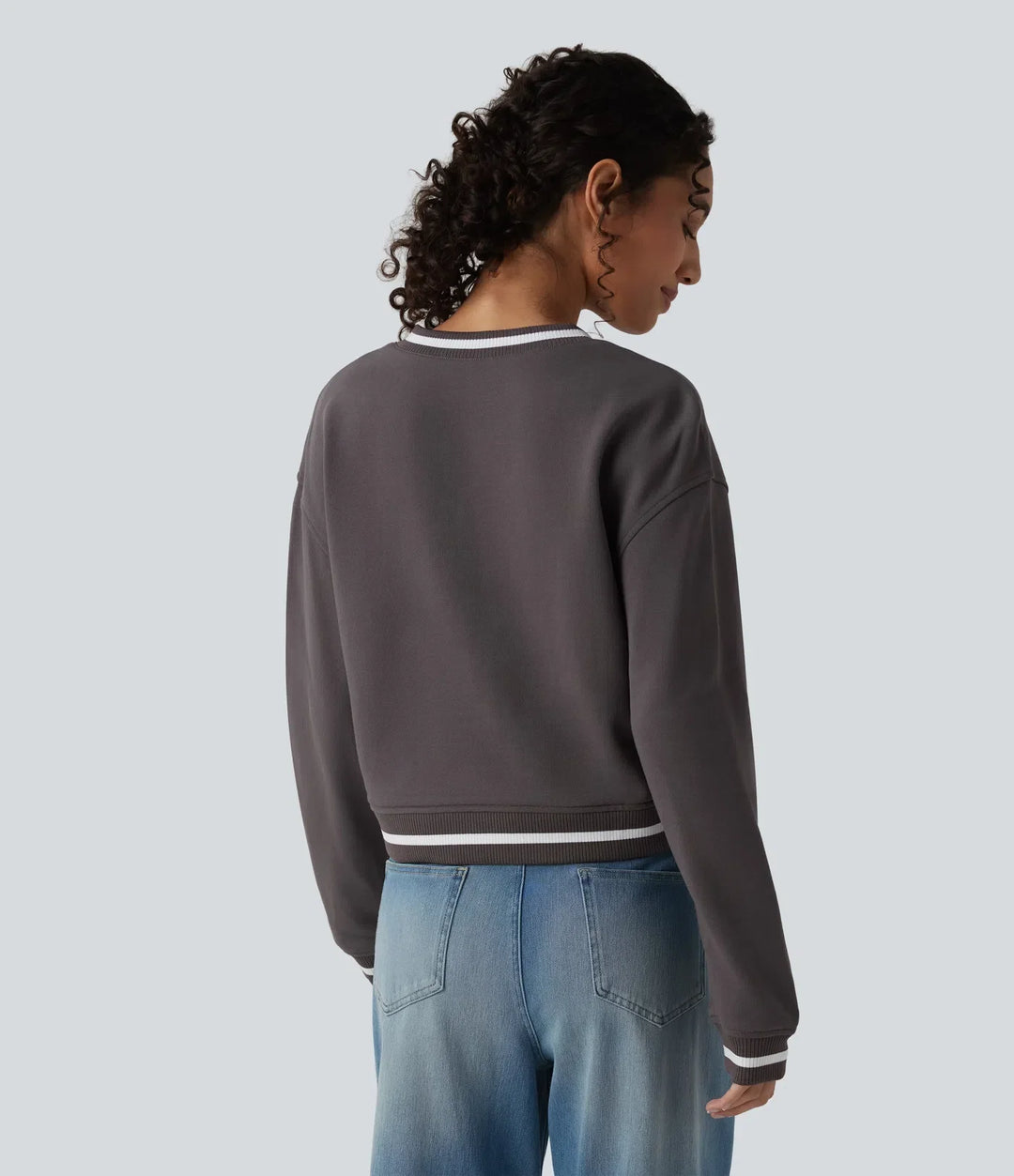 V Neck Long Sleeve Color Block Casual Cotton Sweatshirt