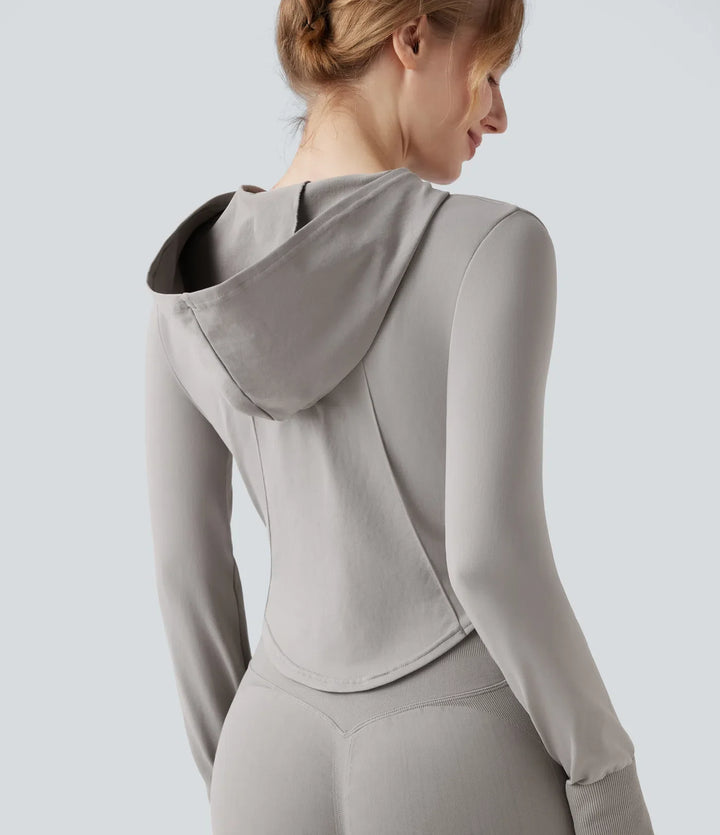 OneForm Seamless Flow Hooed Zipper Long Sleeve Thumb Hole Curved Hem Yoga Jacket