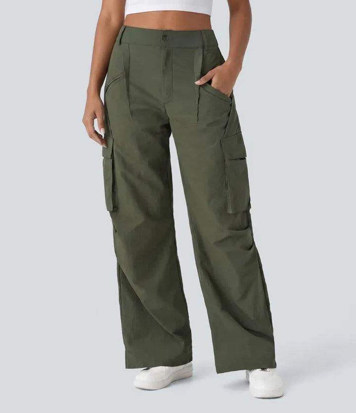 Mid Rise Button Zipper Side Pocket Wide Leg Baggy Casual Cargo Trousers