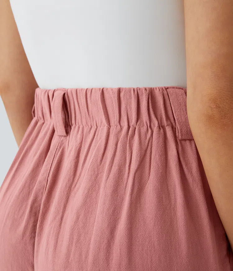 High Waisted Pocket Wide Leg Flowy Solid Palazzo Casual Linen-Feel Trousers