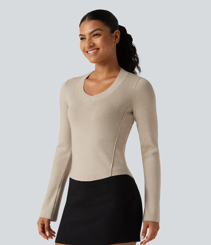 V Neck Long Sleeve Curved Hem Work Wool-Blend Jumper