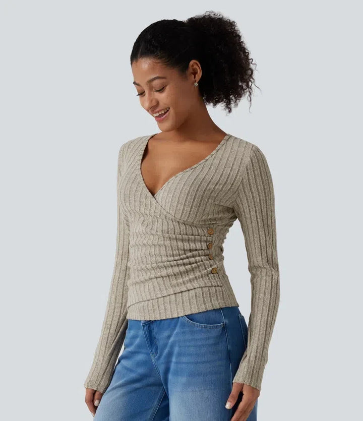 Ribbed Knit V Neck Long Sleeve Asymmetric Crossover Ruched Casual Slim Top