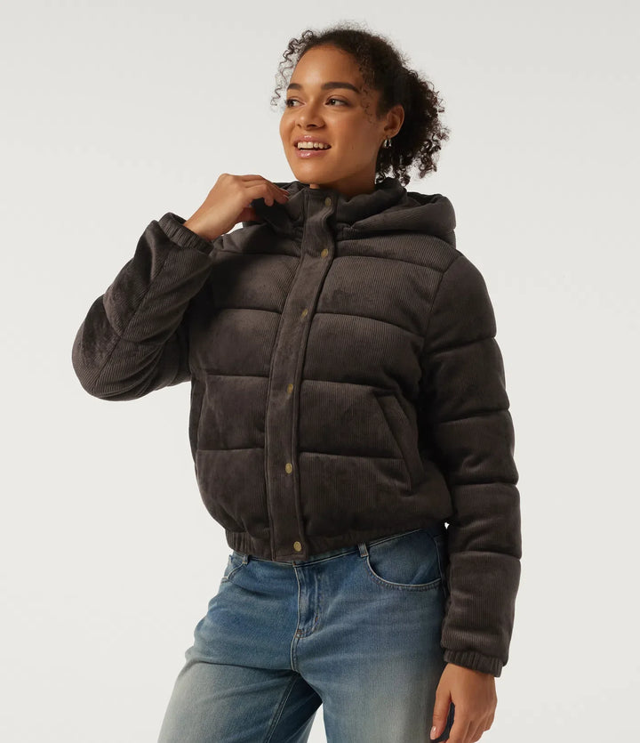 Ribbed Knit Removable Hood Long Sleeve Fleece Casual Padded Jacket with Pockets
