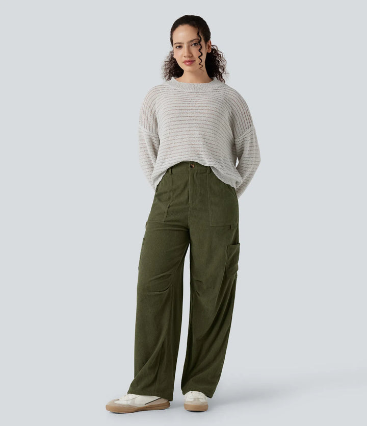 High Waisted Straight Leg Corduroy Casual Trousers with Pockets
