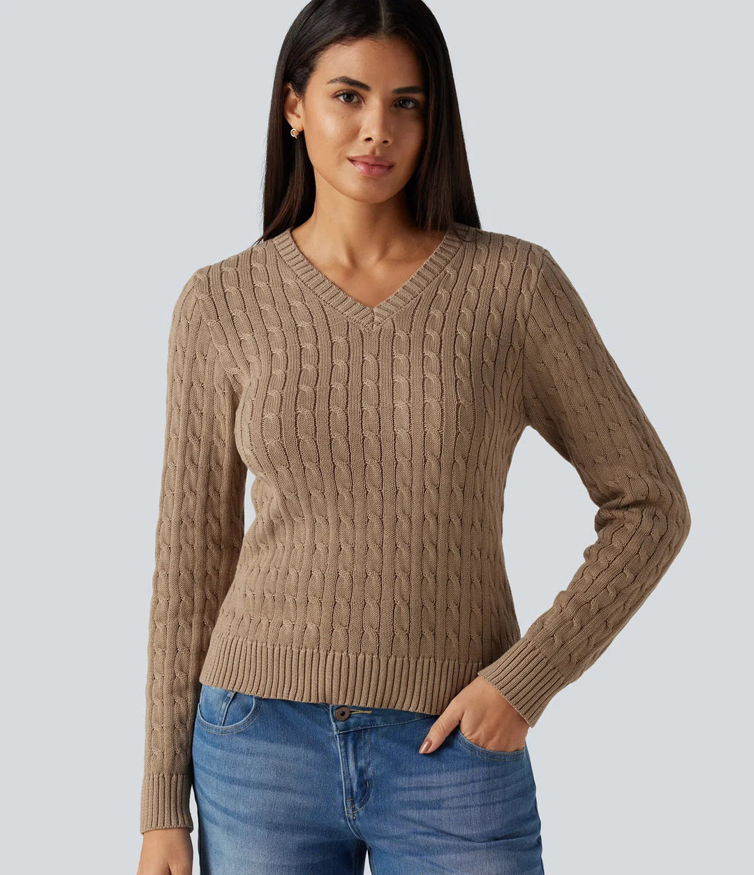 Cable Knit V Neck Long Sleeve Work Jumper