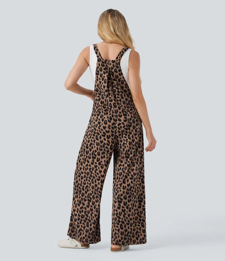 Leopard Print Waffle Casual Dungarees with Pockets