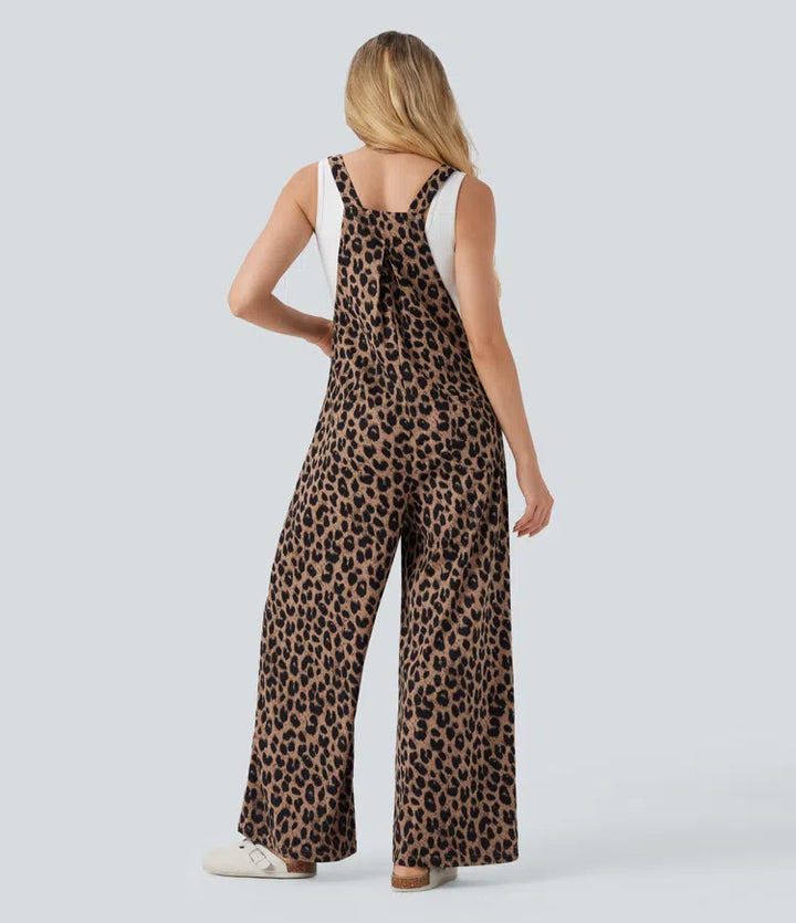Leopard Print Waffle Casual Dungarees with Pockets