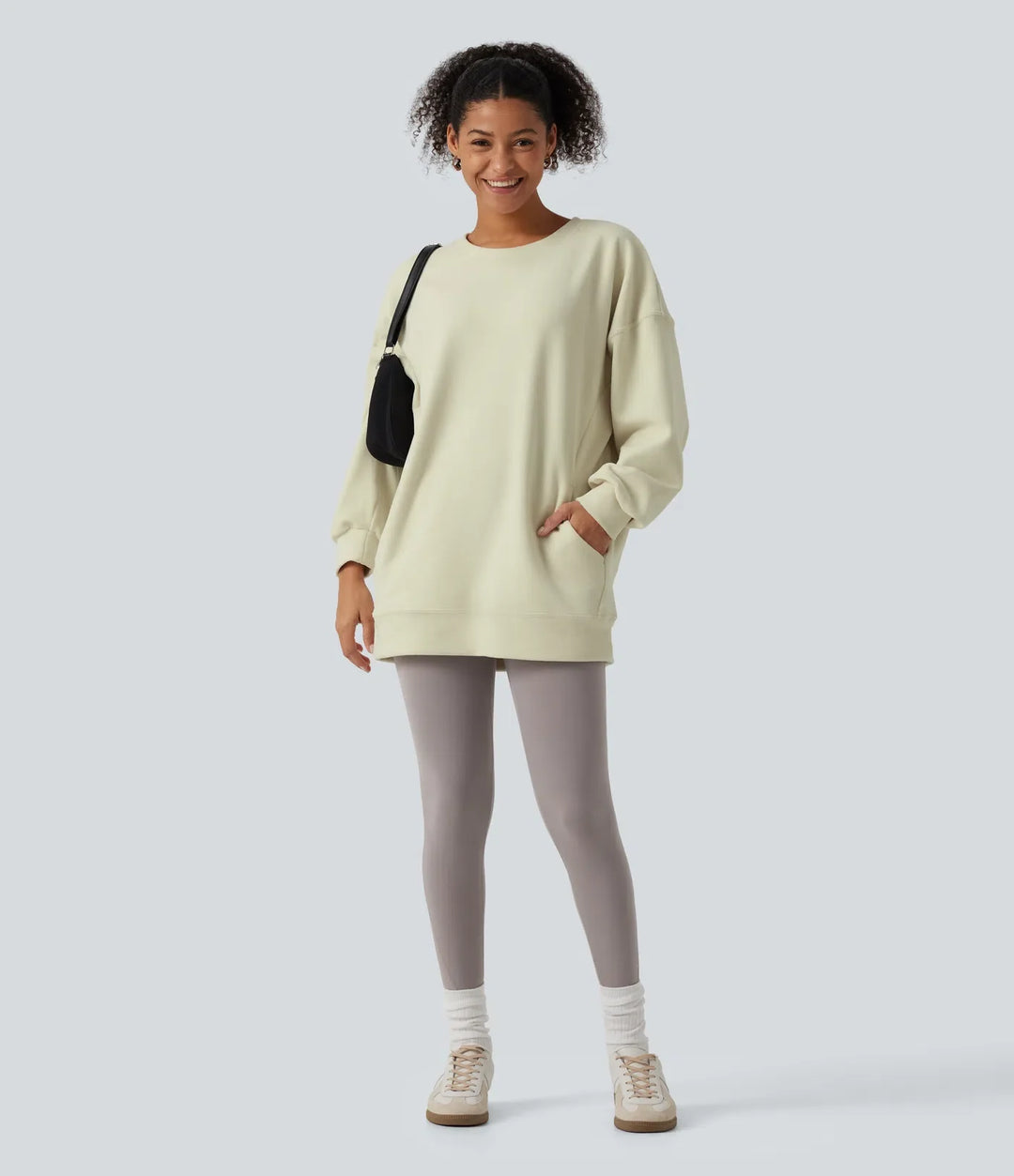 Round Neck Long Sleeve Crisscross Back Fleece Casual Sweatshirt with Pockets
