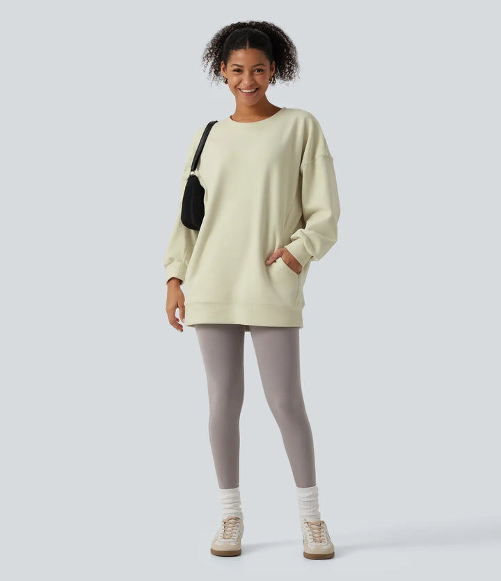 Round Neck Long Sleeve Crisscross Back Fleece Casual Sweatshirt with Pockets