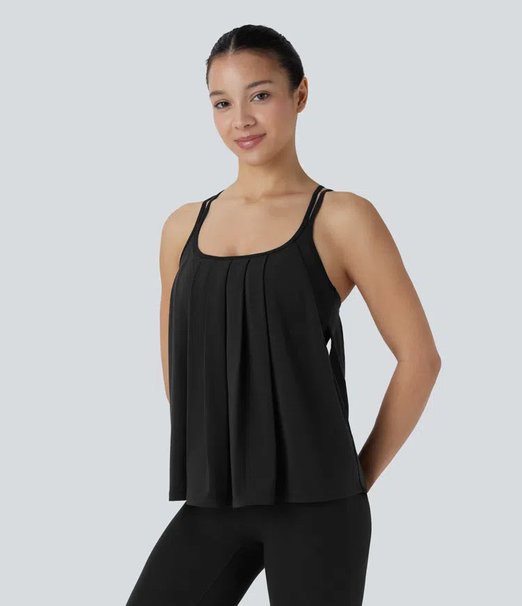 Crisscross Backless Double Straps Pleated Quick Dry Yoga Cami Top