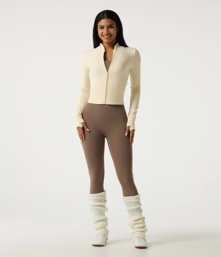 Stand Collar Long Sleeve Zipper Yoga Jacket with Thumbholes and Pockets