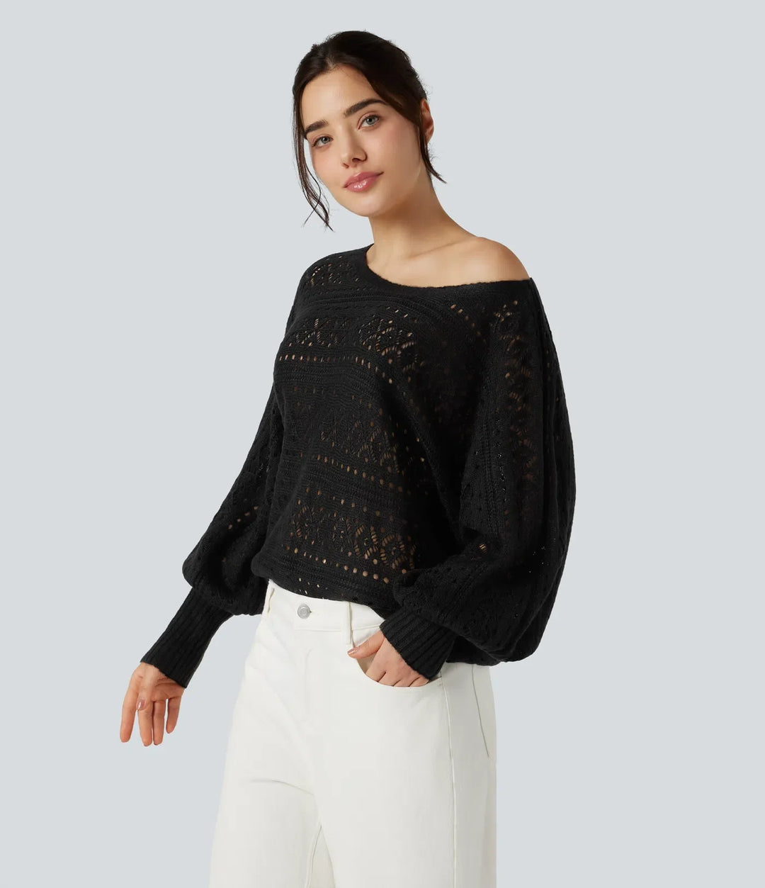 Round Neck Batwing Long Sleeve Hollow Out Casual Jumper