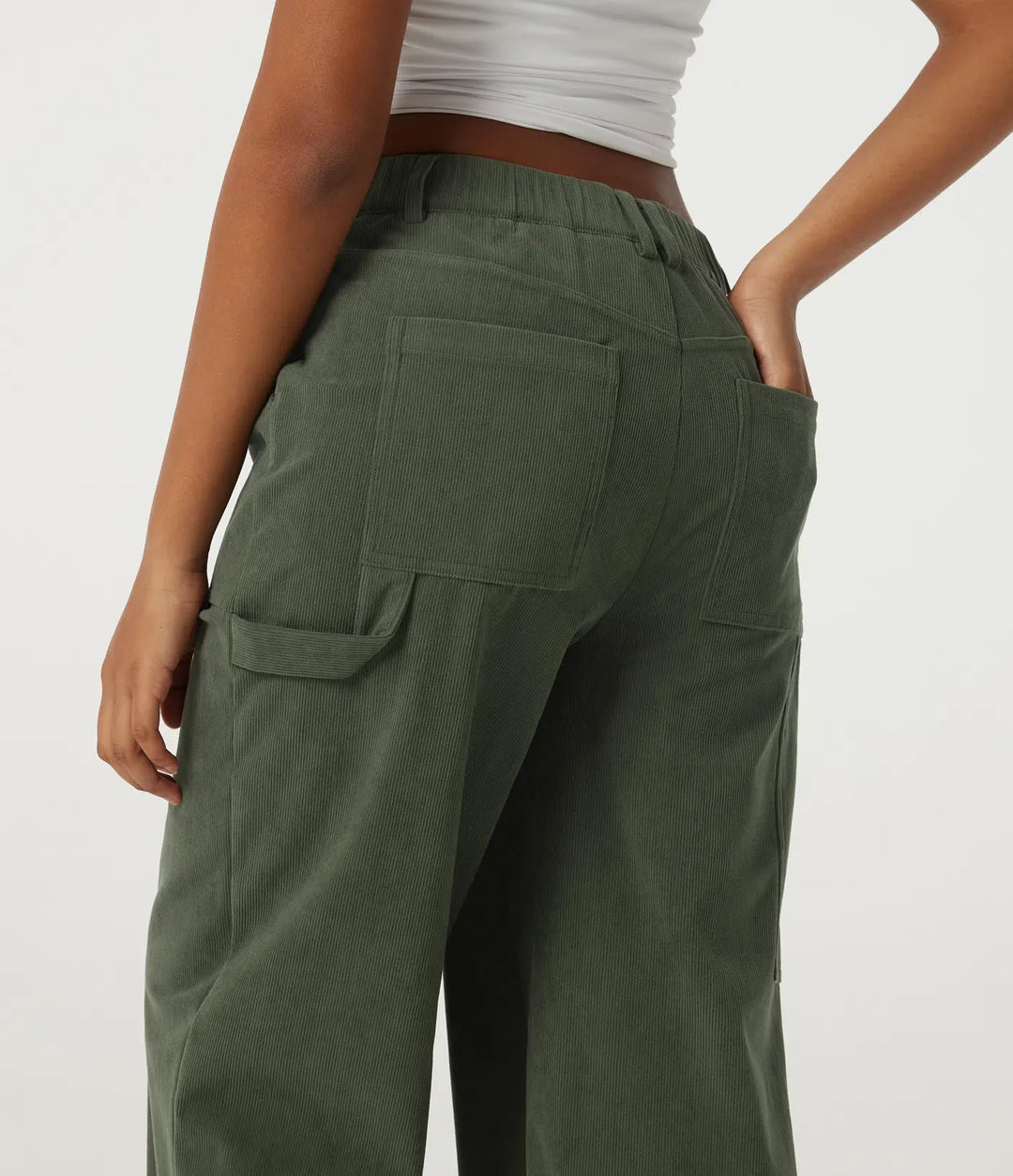 Mid Rise Wide Leg Corduroy Casual Trousers with Pockets