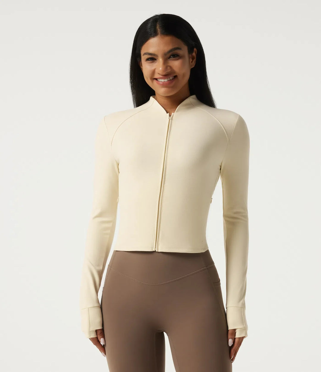 Stand Collar Long Sleeve Zipper Yoga Jacket with Thumbholes and Pockets