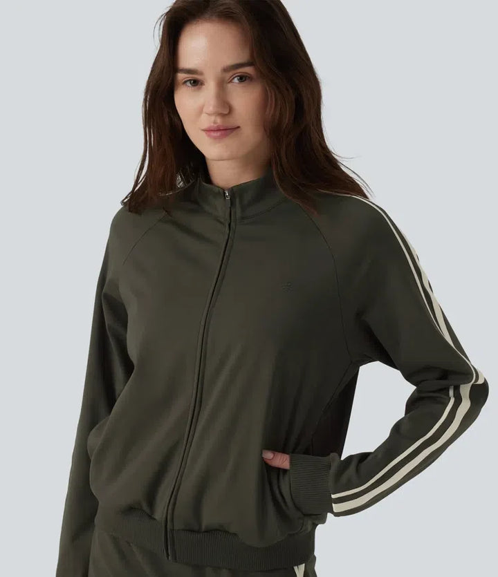 DayStretch Stand Collar Color Block Stripes Workout Jacket with Pockets
