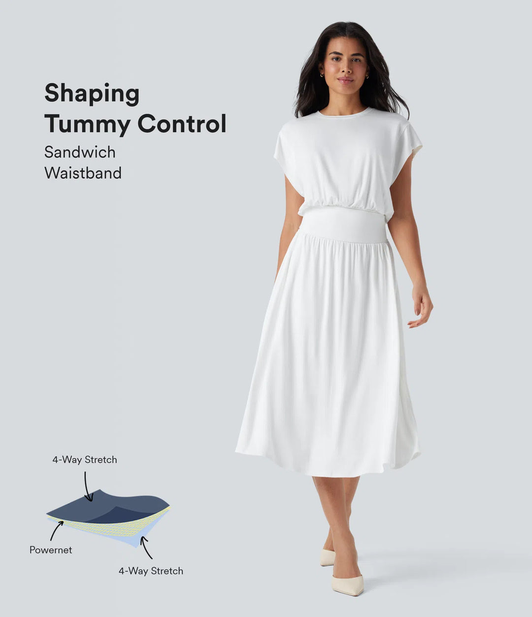 Tummy Control Batwing Sleeve Flowy Midi Work Dress with Pockets