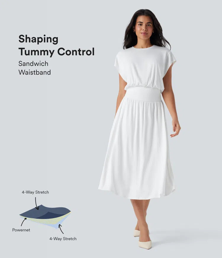 Tummy Control Batwing Sleeve Flowy Midi Work Dress with Pockets