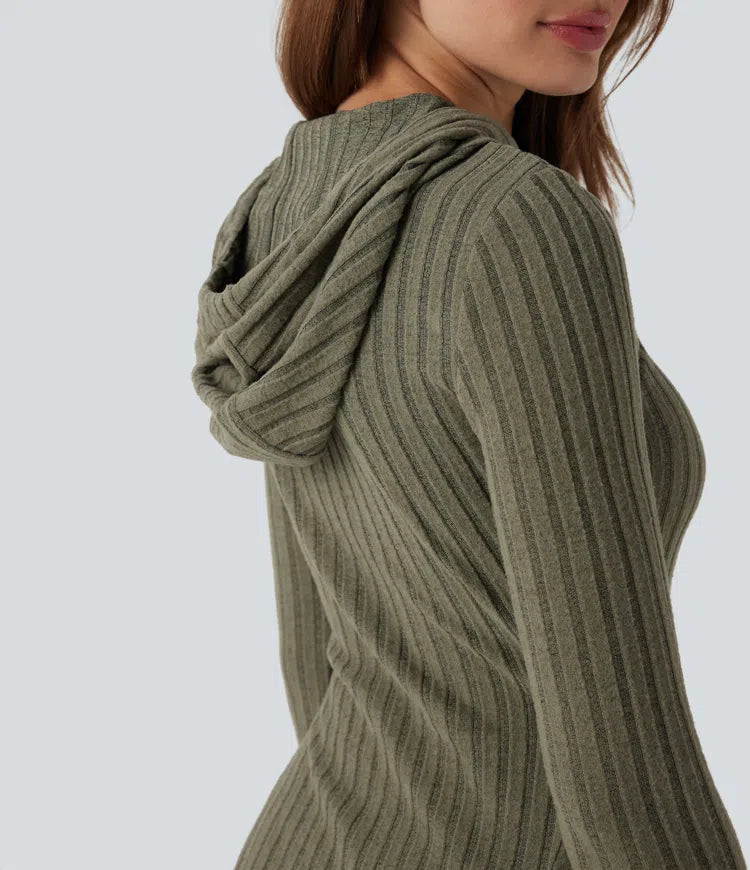 Ribbed Knit Hooded Drawstring Long Sleeve Mini Fleece Casual Dress