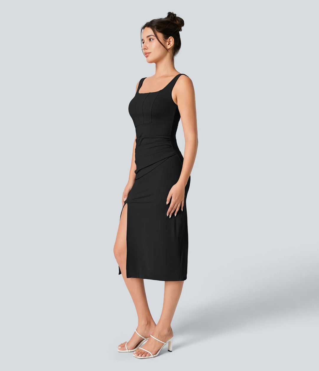SoftlyZero Airy Square Neck Backless Corset Ruched Split Bodycon Midi InstantCool Bridesmaid and Wedding Guest Dress
