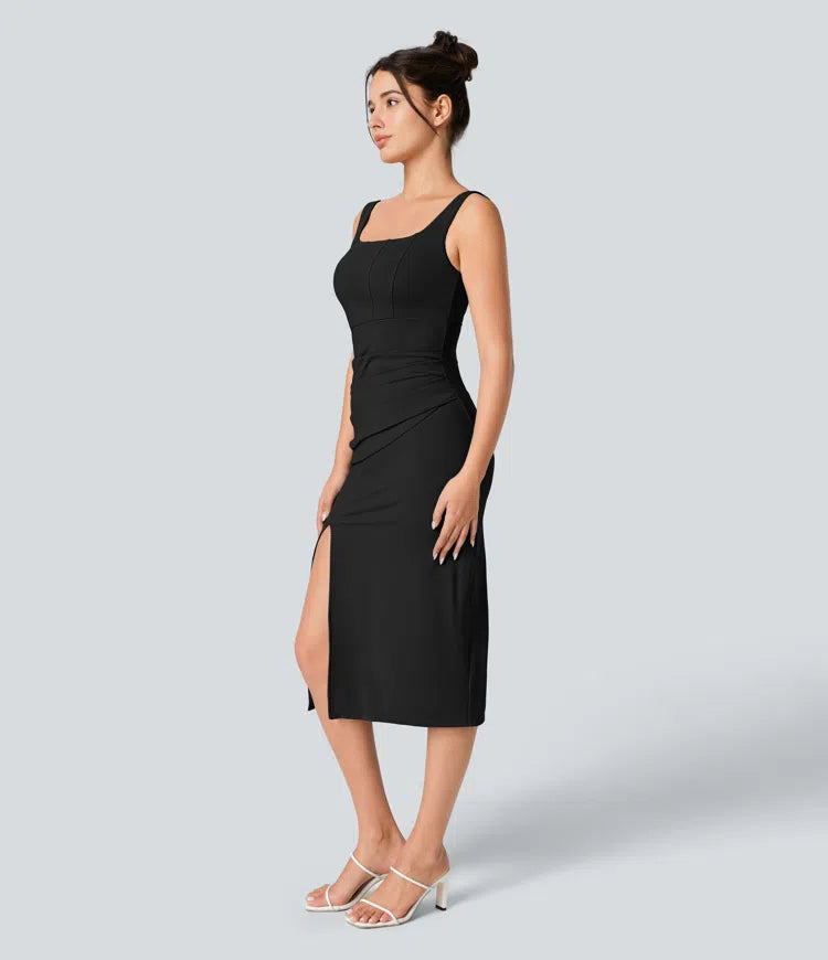 SoftlyZero Airy Square Neck Backless Corset Ruched Split Bodycon Midi InstantCool Bridesmaid and Wedding Guest Dress