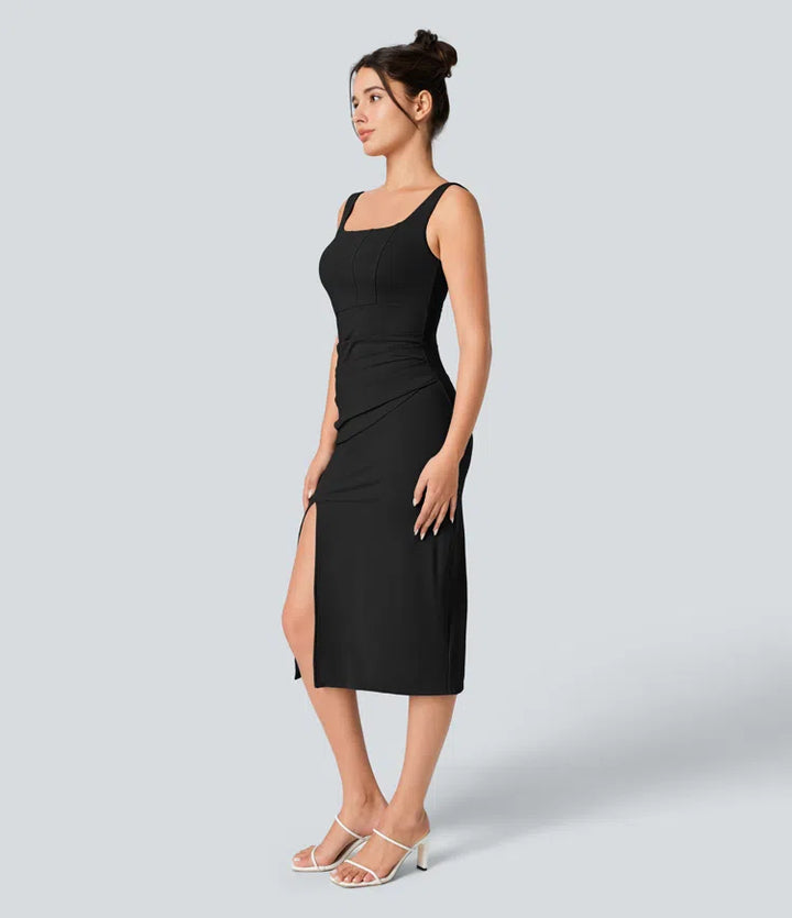 SoftlyZero Airy Square Neck Backless Corset Ruched Split Bodycon Midi InstantCool Bridesmaid and Wedding Guest Dress