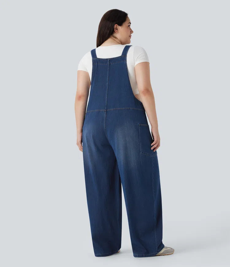 Halara Flex V Neck Washed Denim Casual Plus Size Dungarees with Pockets