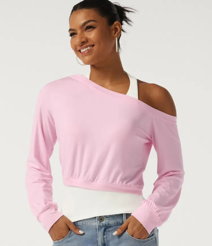 Halter One Shoulder Long Sleeve 2-in-1 Asymmetric Color Block Casual Sweatshirt