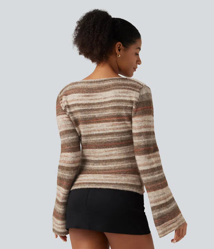Boat Neck Bell Long Sleeve Gradient Stripe Oversized Casual Jumper