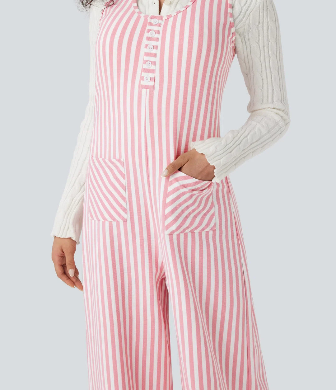 U-Neck Sleeveless Stripe Waffle Casual Jumpsuit with Pockets