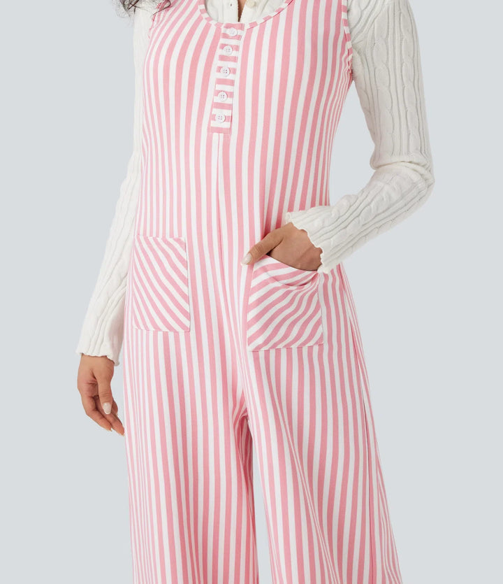 U-Neck Sleeveless Stripe Waffle Casual Jumpsuit with Pockets