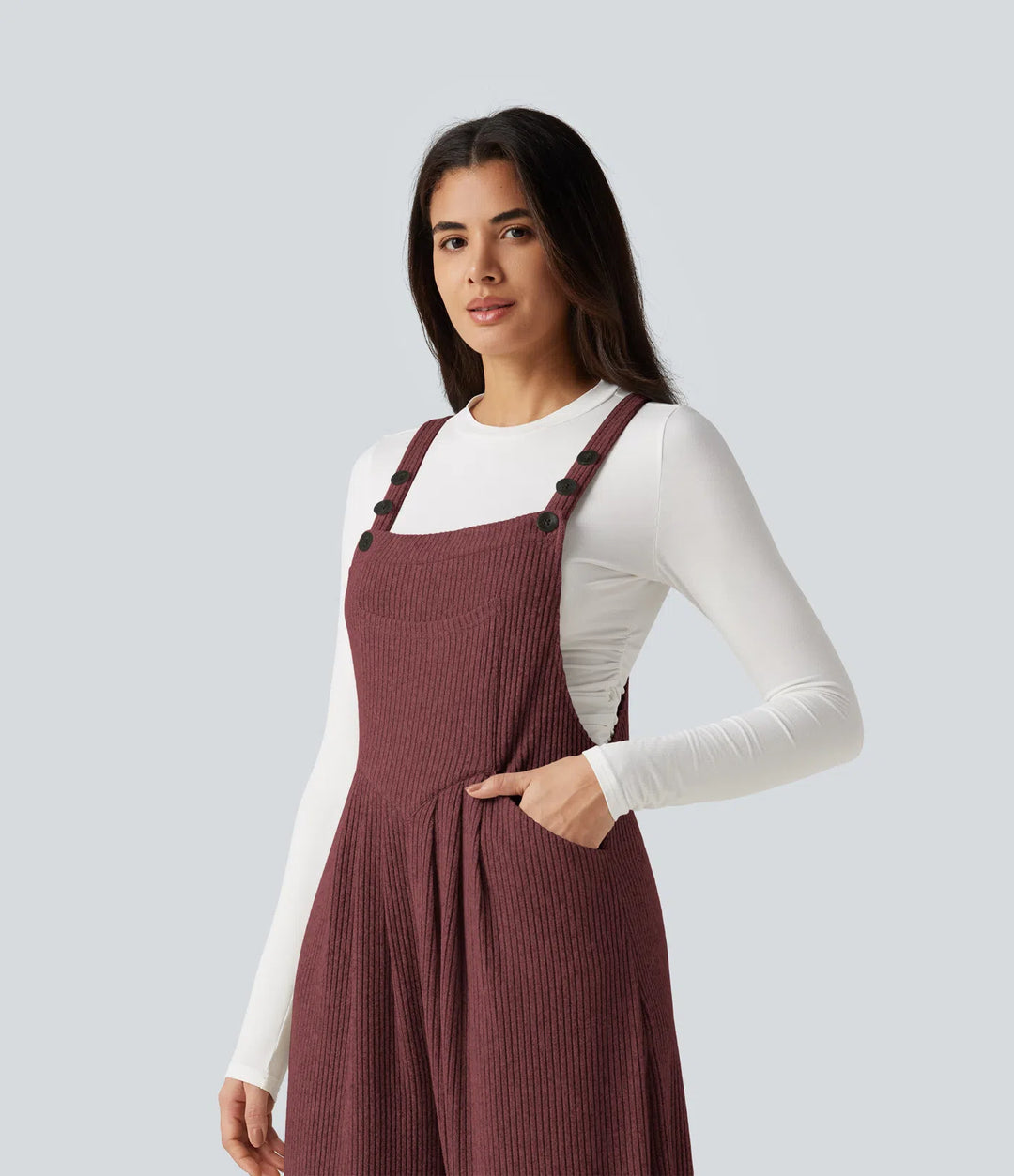 Ribbed Knit Casual Dungarees with Pockets