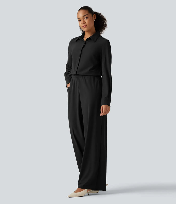 Long Sleeve Straight Leg Work Shirt Jumpsuit with Pockets-Easy Peezy Edition