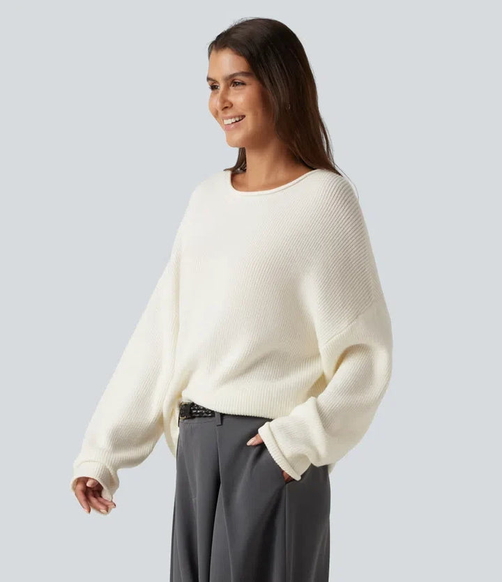 Round Neck Long Sleeve Rolled Hem Work Jumper